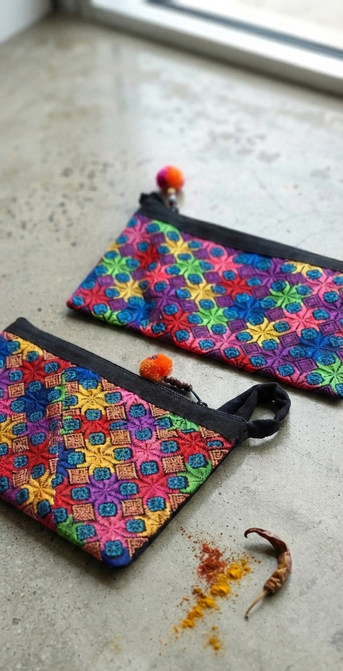 Un accesorio cómodo y sostenible con un toque salvaje. Este neceser, confeccionado a partir de telas sedadas recicladas de antiguos saris bordados, es una pieza única que fusiona artesanía y exclusividad. Su diseño rectangular y su cierre de cremallera lo convierten en el complemento perfecto para organizar cosméticos, documentos o pequeños objetos con estilo. Disponible en tamaño único y con bordados irrepetibles, cada pieza es una joya textil con historia.