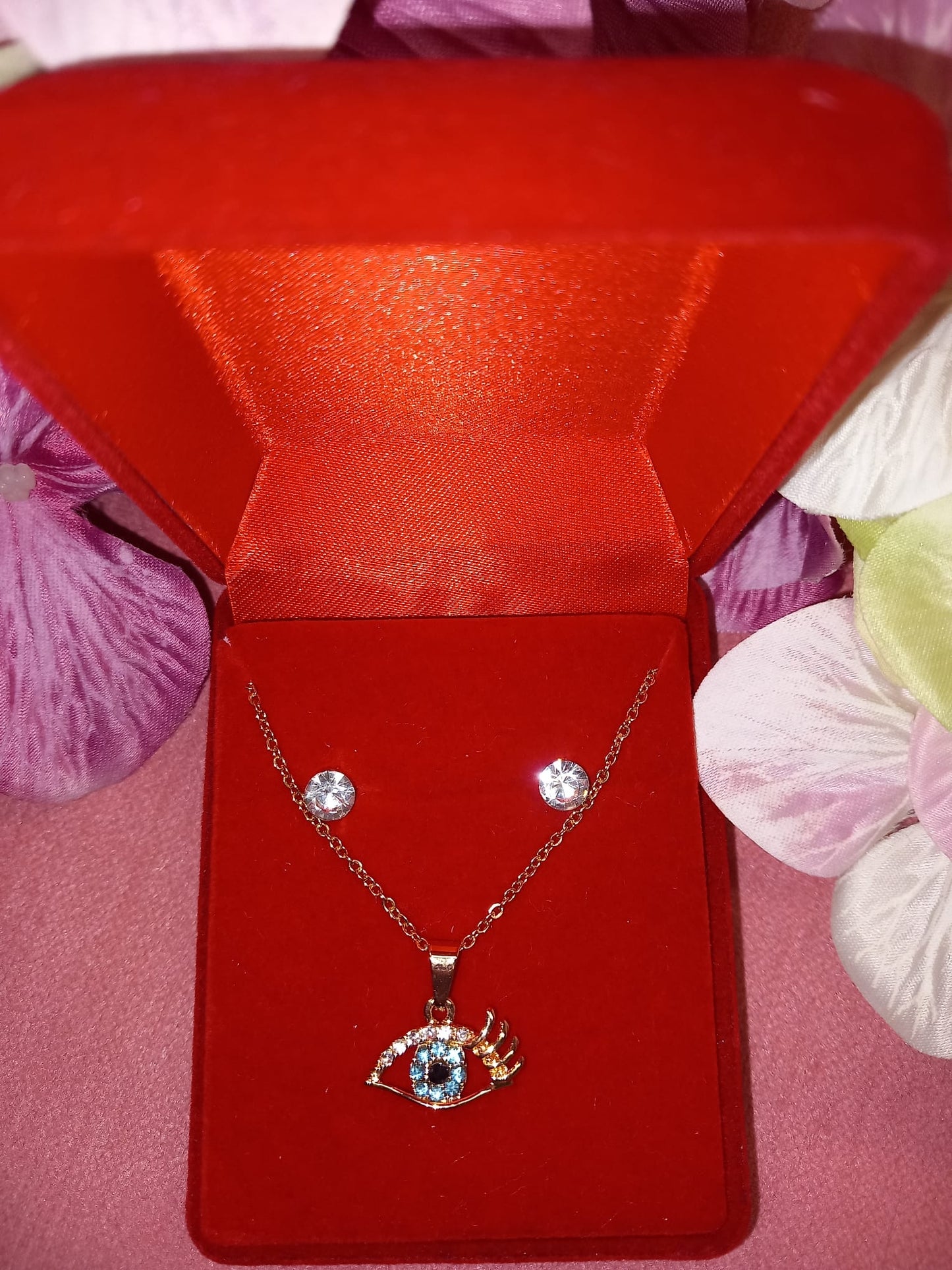 Conjunto Pendientes + cadena + colgante de brillantes efecto Swarovski OJO DE HORUS.