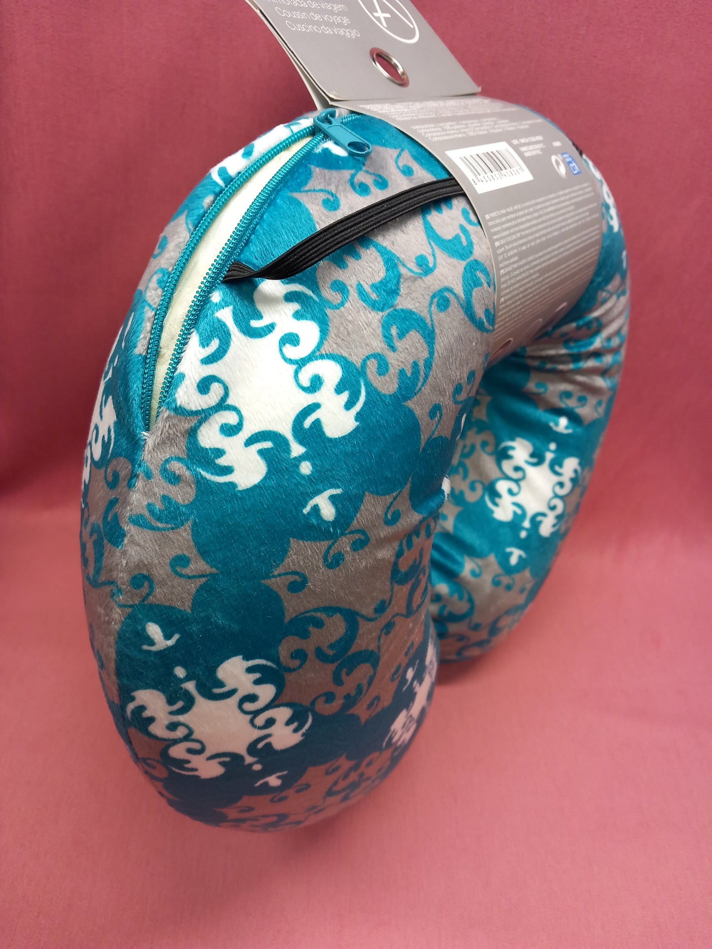 Almohada de viaje viscoelástico y con funda extraíble tono azul y beig