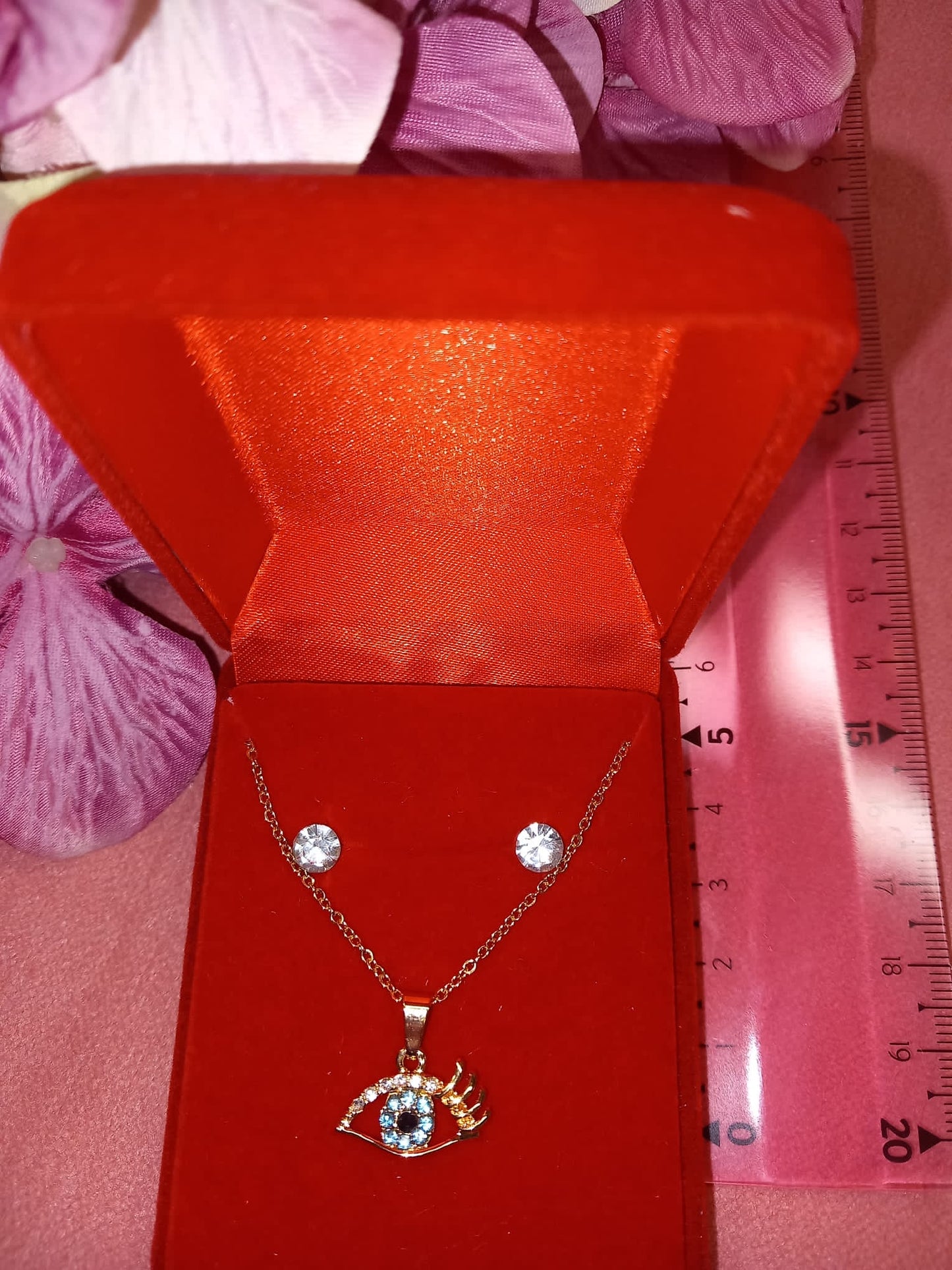 Conjunto Pendientes + cadena + colgante de brillantes efecto Swarovski OJO DE HORUS.