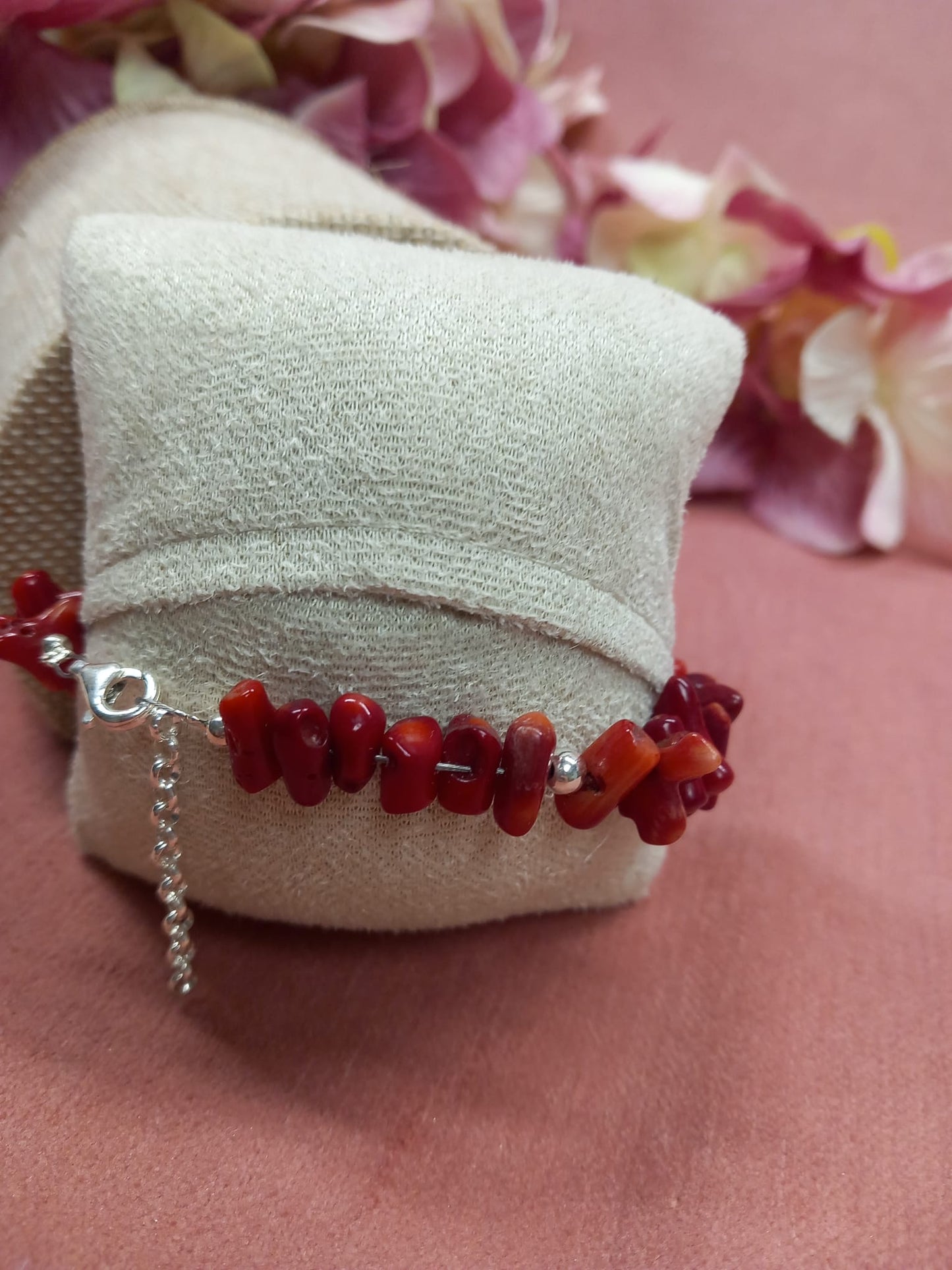 Pulsera PLATA Coral Rojo Mix.