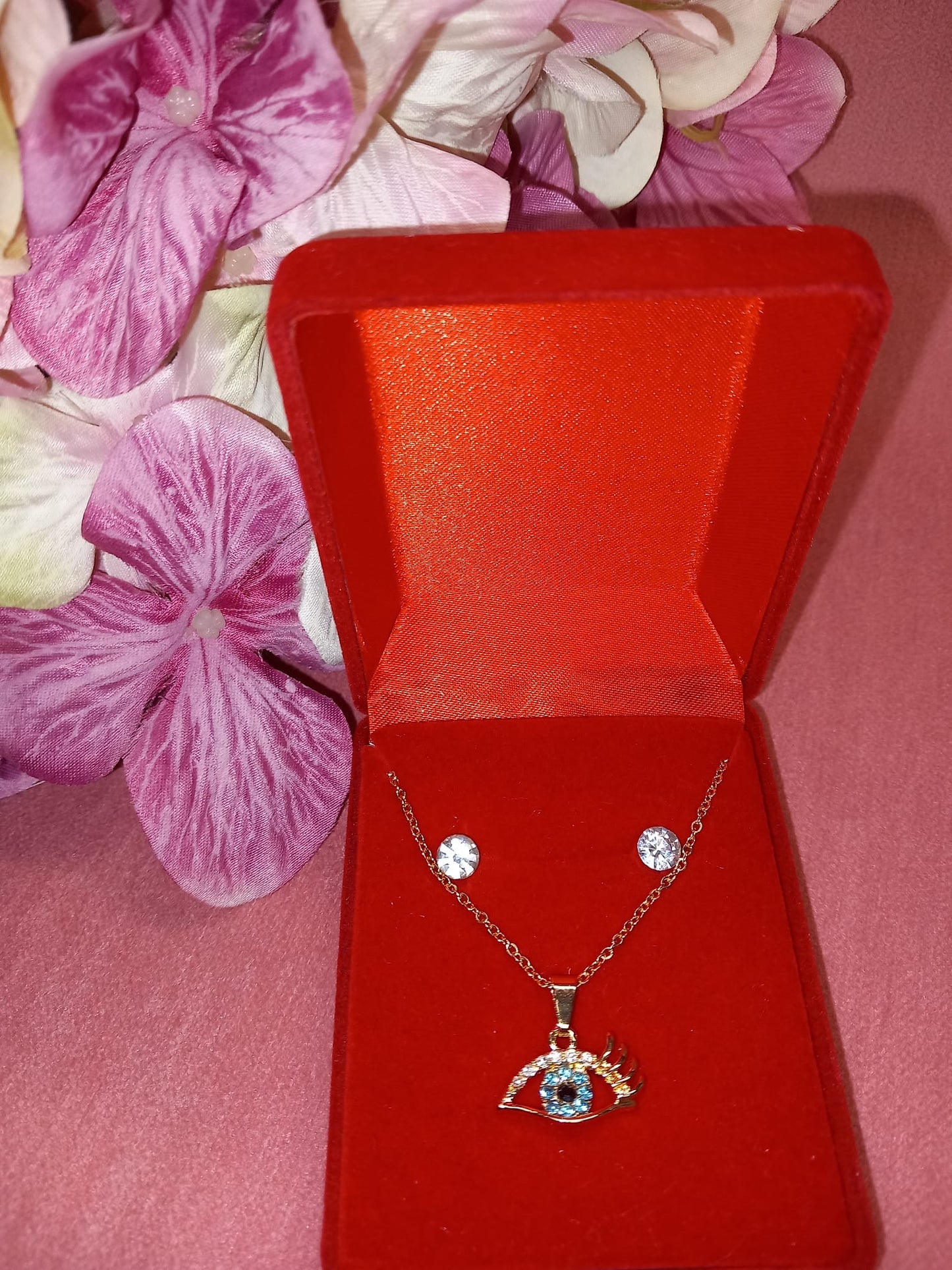 Conjunto Pendientes + cadena + colgante de brillantes efecto Swarovski OJO DE HORUS.