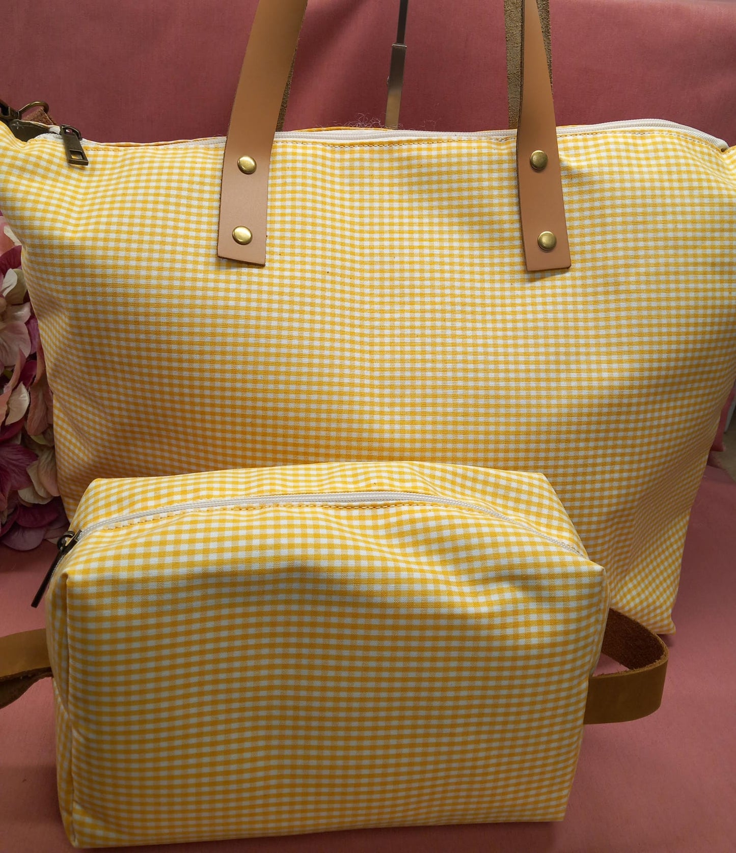 Pack de Bolso tote + neceser cuadritos vichy con bolsillo interior