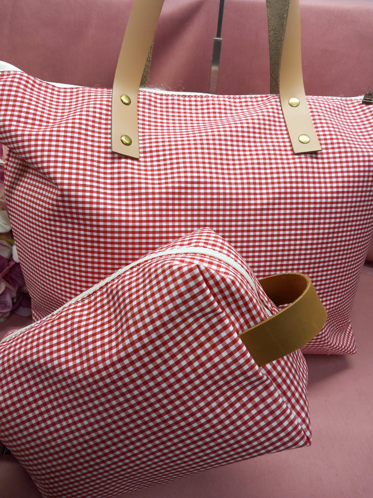 Pack de Bolso tote + neceser cuadritos vichy con bolsillo interior