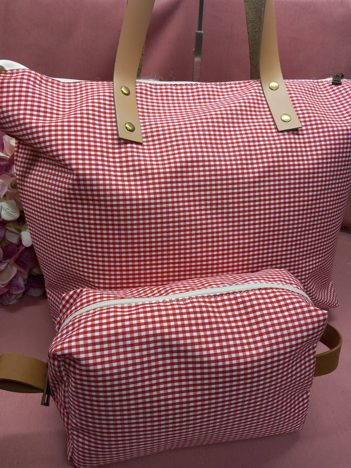 Pack de Bolso tote + neceser cuadritos vichy con bolsillo interior