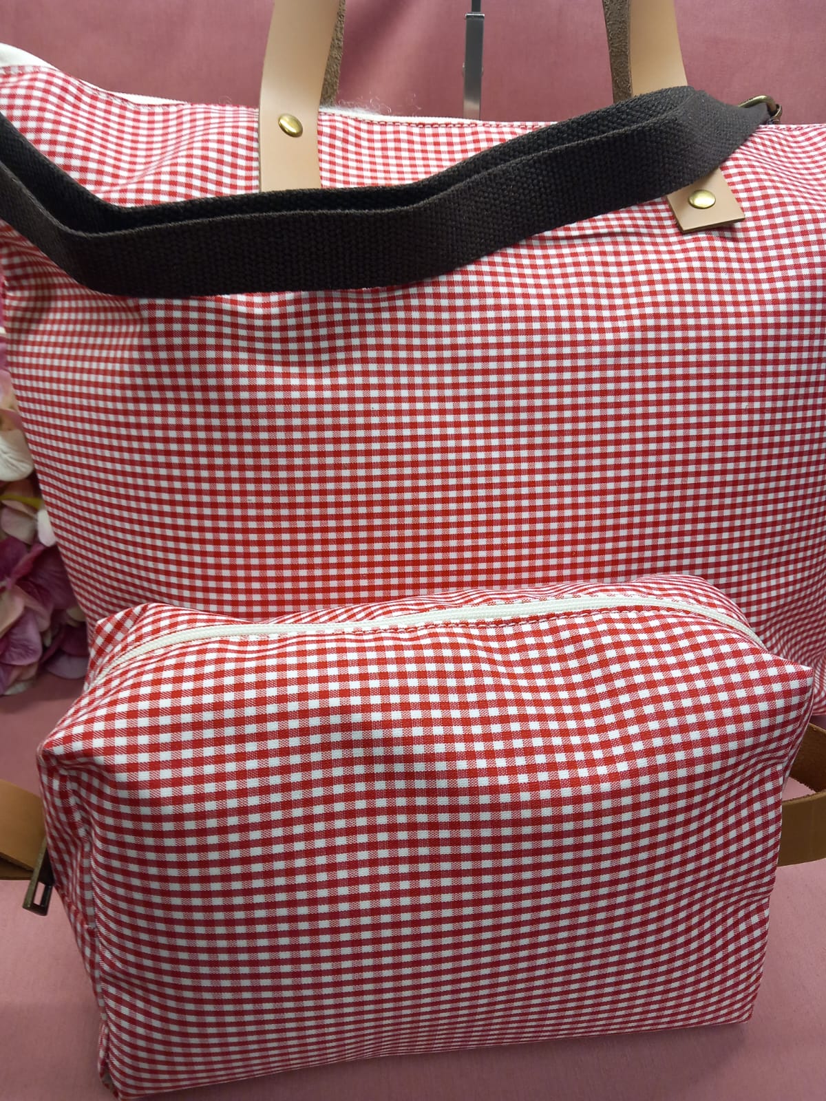 Pack de Bolso tote + neceser cuadritos vichy con bolsillo interior