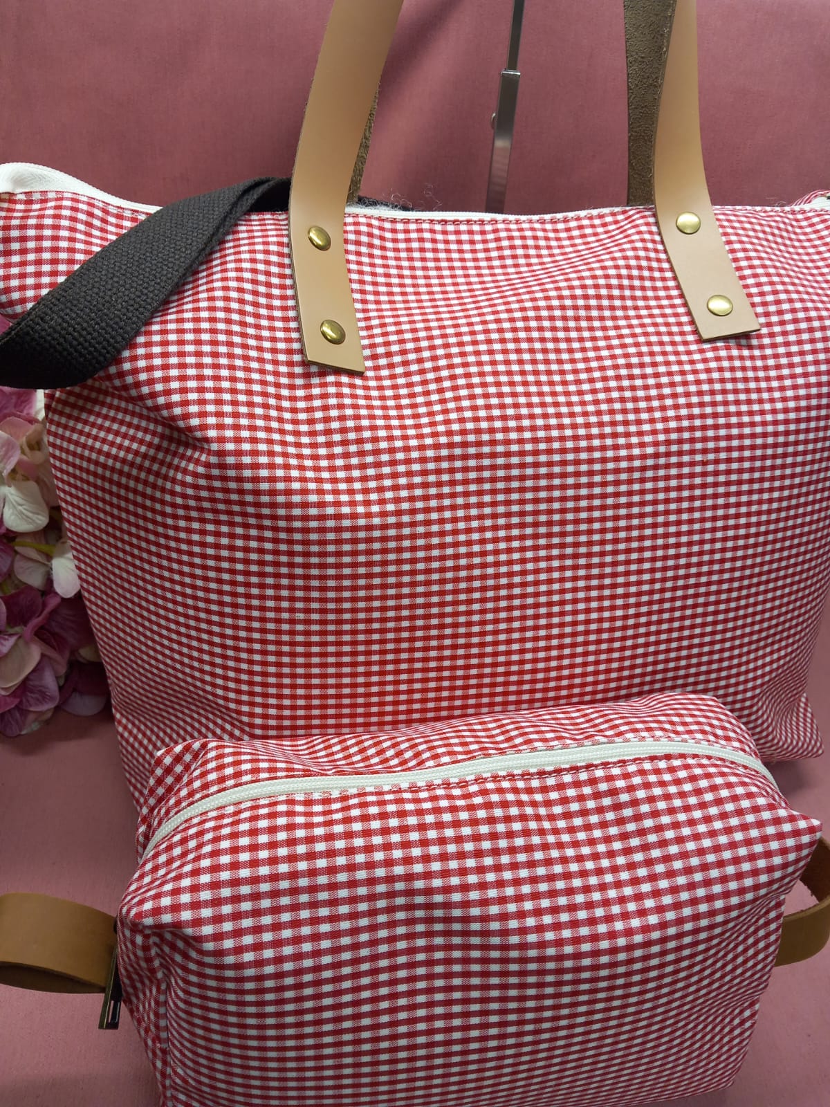 Pack de Bolso tote + neceser cuadritos vichy con bolsillo interior