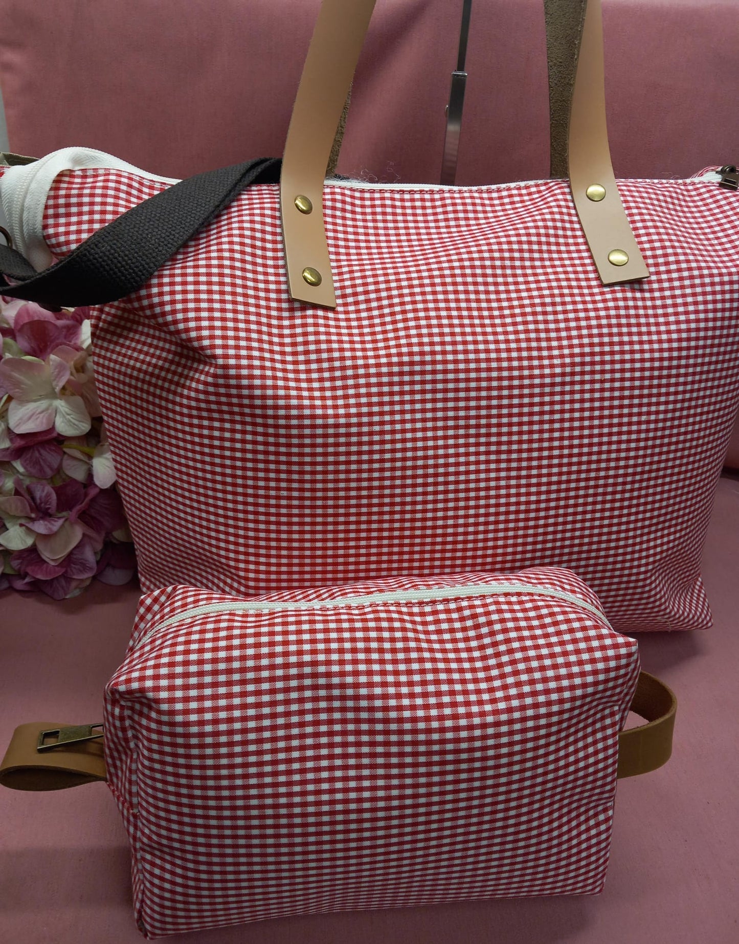 Pack de Bolso tote + neceser cuadritos vichy con bolsillo interior