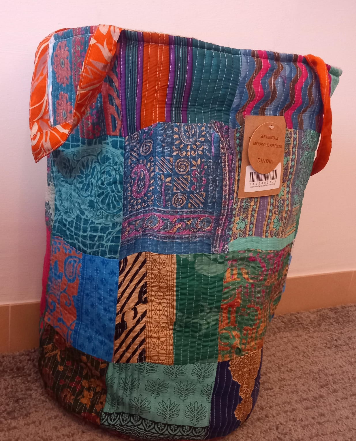 Cesto MULTIUSOS Y MULTIFUNCIONAL PATCHWORK WILD TELA YUTE Y SAREE. ENVÍOS GRATIS.