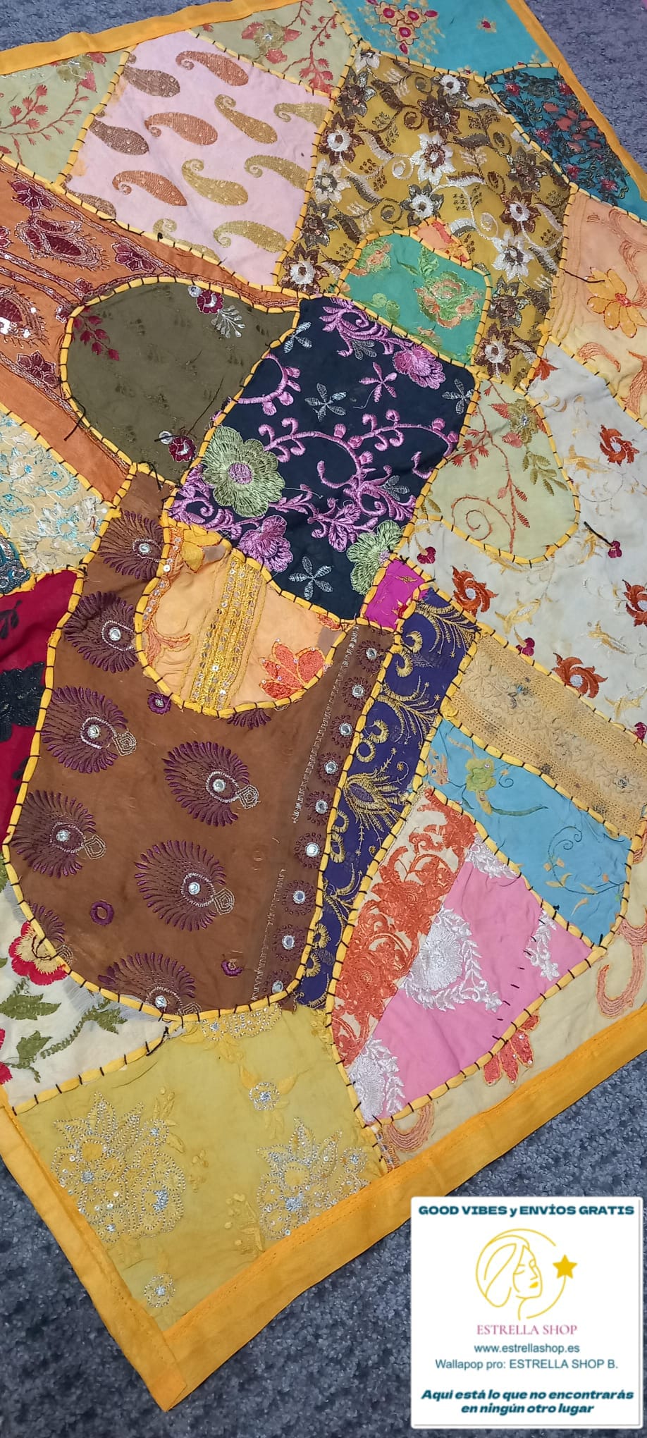 PATCHWORK TEXTIL EN TAPIZ 90X90 CONFECCIONADO ARTESANALMENTE EN INDIA.ENVÍO GRATIS SIN PEDIDO MÍNIMO.