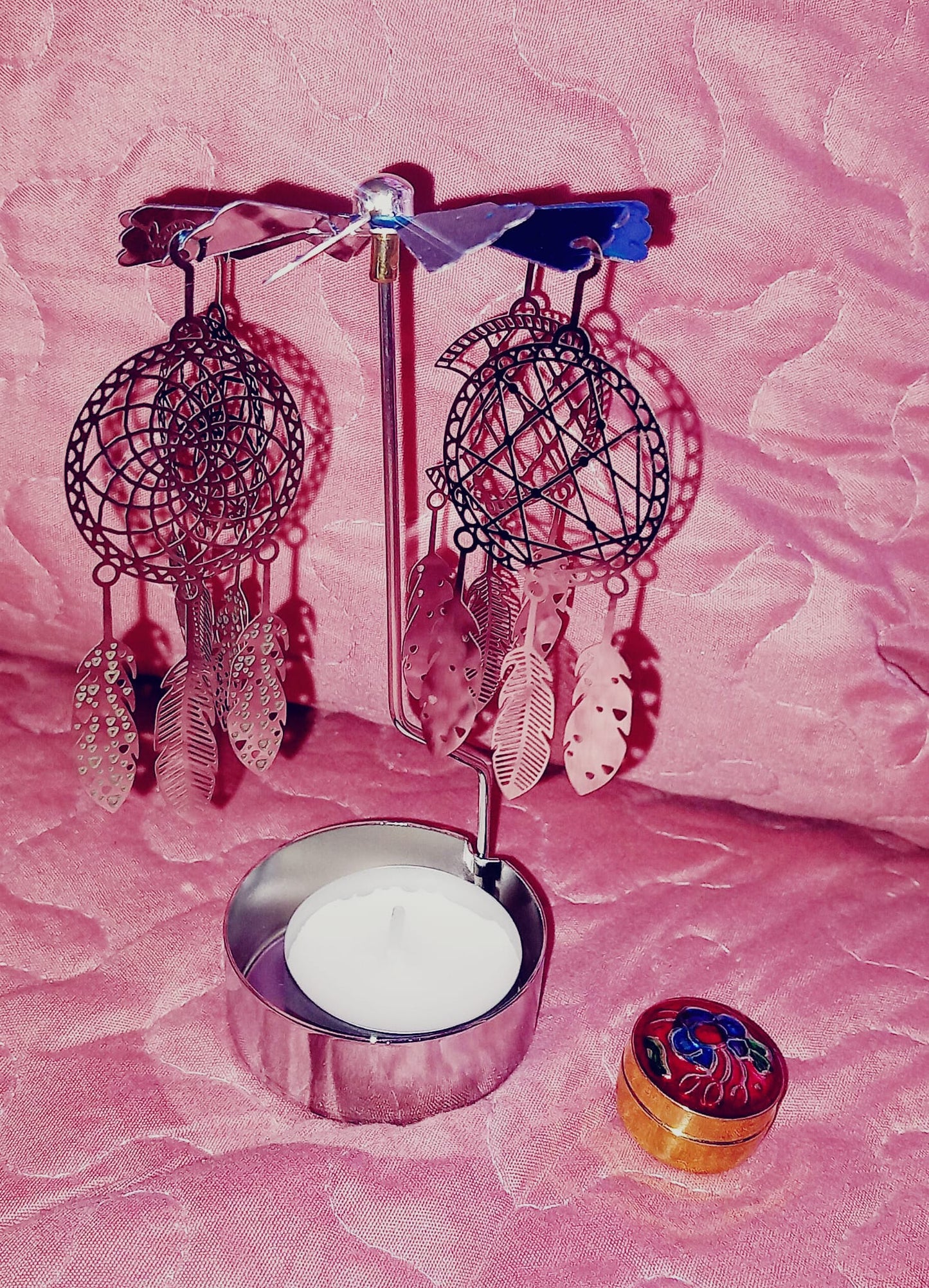 PORTAVELAS GIRATORIO CON ATRAPASUEÑOS JOYA DE ACERO QUE REFLEJA LA LUZ.ENVÍO GRATIS SIN PEDIDO MÍNIMO.