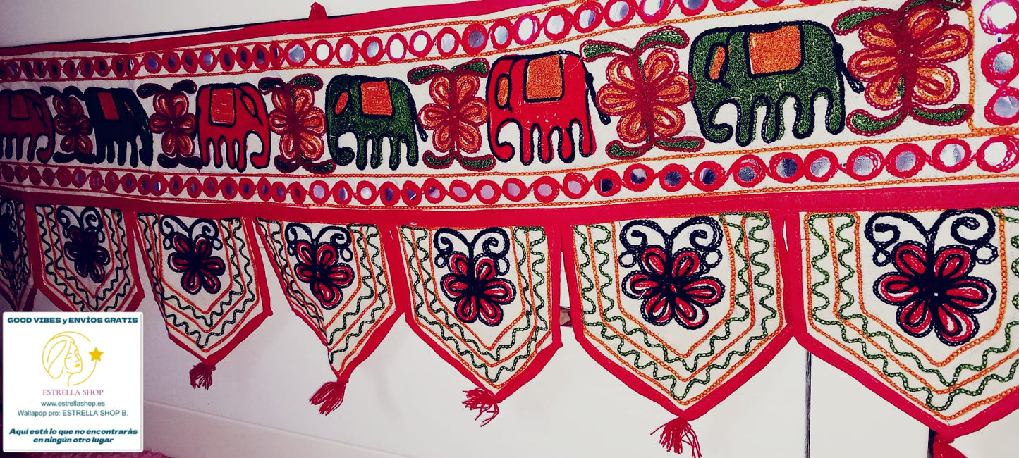 TORÁN GORA BORDADO 30X100CM ELEFANTES DE BUENA SUERTE Y PROTECCIÓN.HECHO A MANO EN INDIA.ENVÍO GRATIS SIN PEDIDO MÍNIMO.