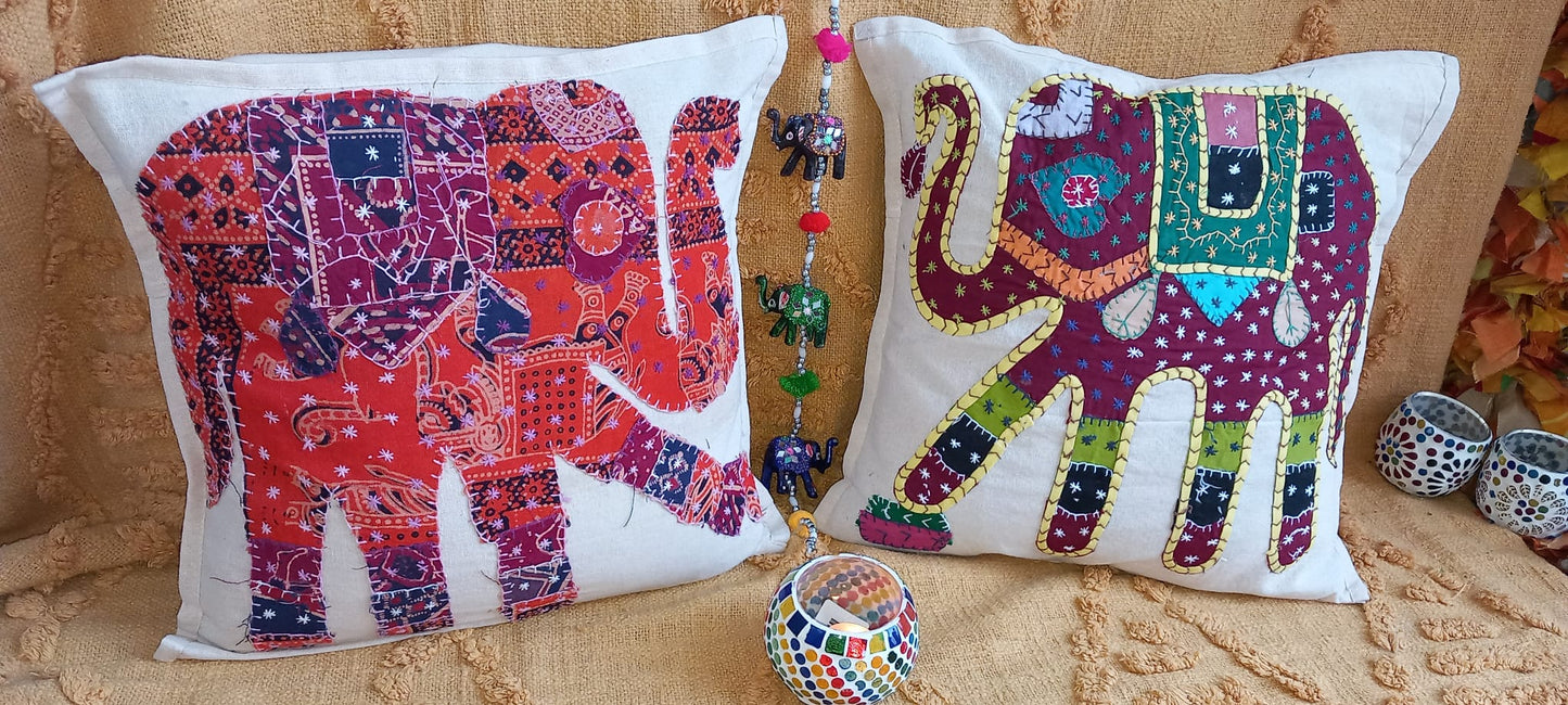 PACK 2 FUNDAS DE COJÍN LORD ALMA DECORACIÓN ARTESANAL INDIA DE AMBIENTES CON ELEFANTE Y APERTURA TRASERA.ENVÍO GRATIS SIN PEDIDO MÍNIMO.