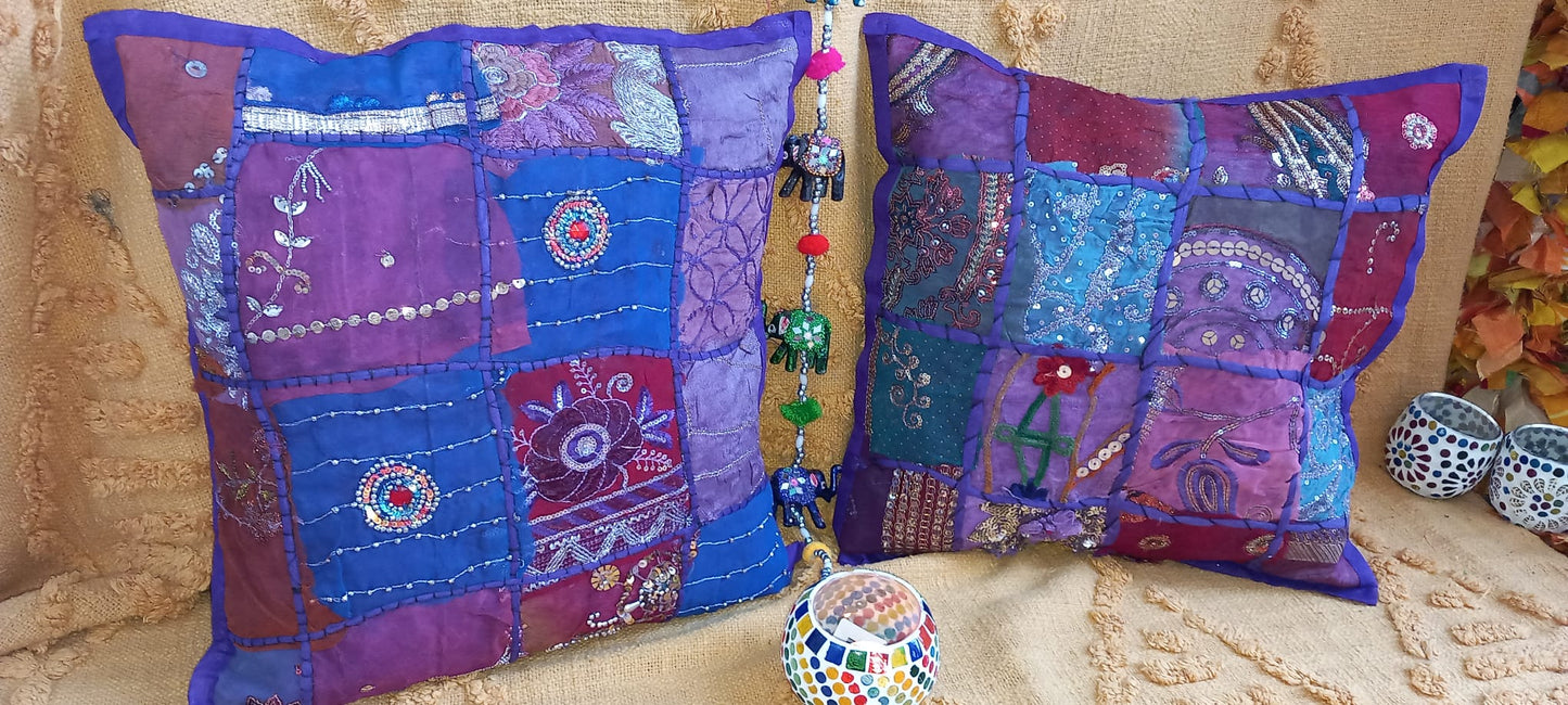 PACK 2 FUNDAS DE COJÍN PATCHWORK UNIVERSO PÚRPURE ARTESANALES Y CON ENVÍO GRATIS SIN PEDIDO MÍNIMO.