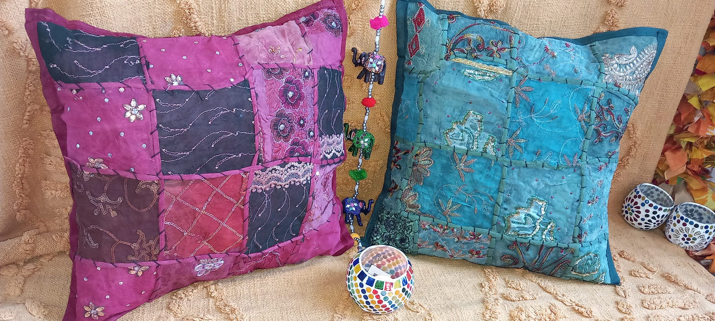PACK 2 FUNDAS DE COJÍN MIX INDIA PATCHWORK.DECORACIÓN BOHEMIA Y ARTESANAL CON ENVÍO GRATIS SIN PEDIDO MÍNIMO.