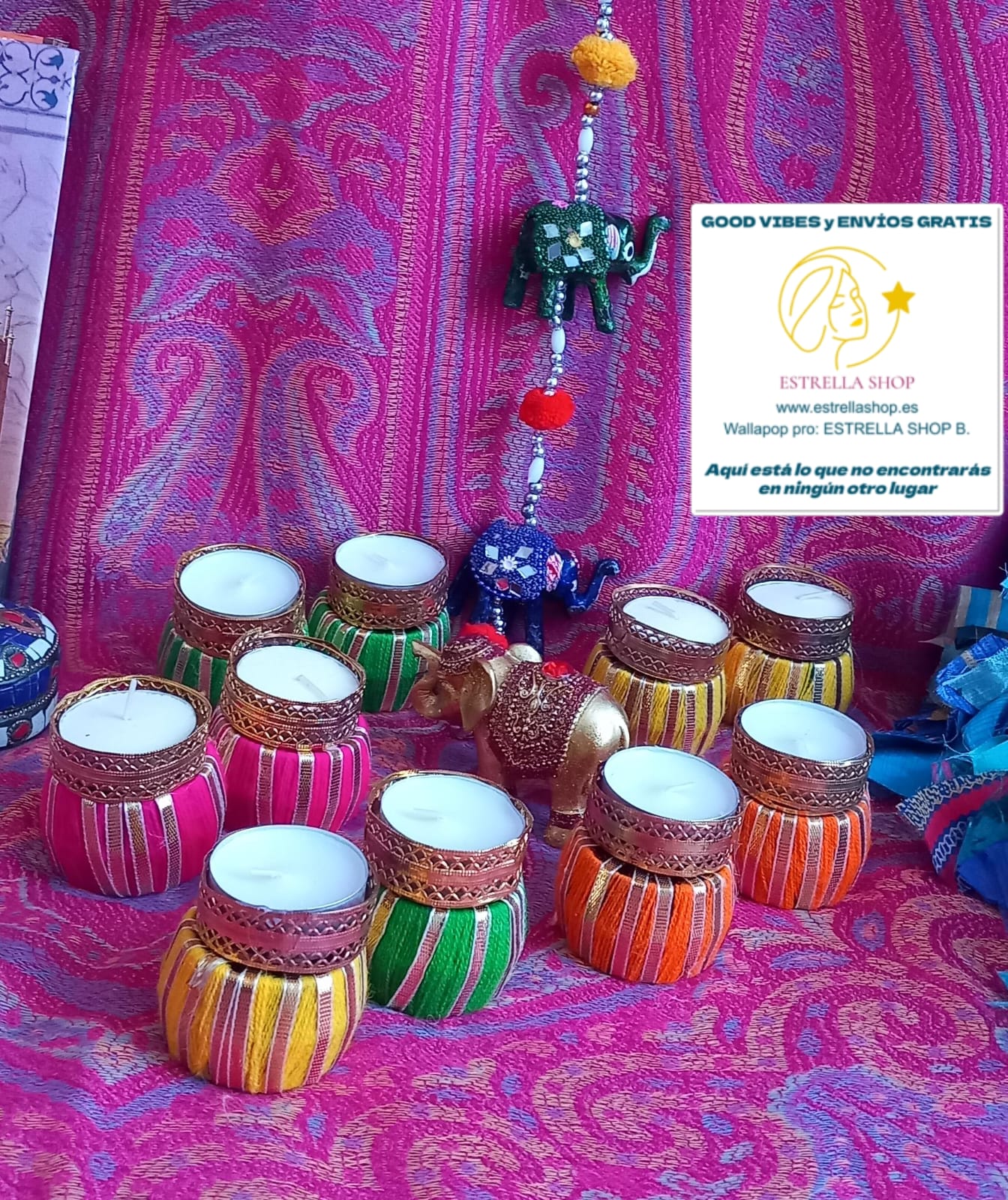 JUEGO DE 2 PORTAVELAS ORIGINALES Y ARTESANALMENTE HECHO A MANO EN INDIA INSPIRADO EN LA ALEGRÍA Y LA BUENA ENERGÍA DE LAS CELEBRACIONES VIBRANTES Y ESPECIALES.ENVÍO GRATIS.