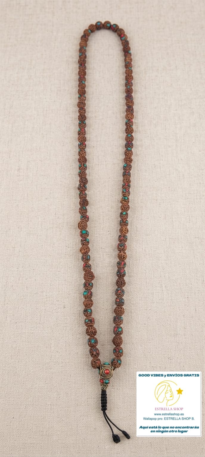 JAPAMALA de Rudraksha, la semilla sagrada hindú, con incrustaciones de piedras y metal.Este collar es una pieza espiritual con fuerza, equilibrio y tradición.ENVÍO GRATIS SIN PEDIDO MÍNIMO.