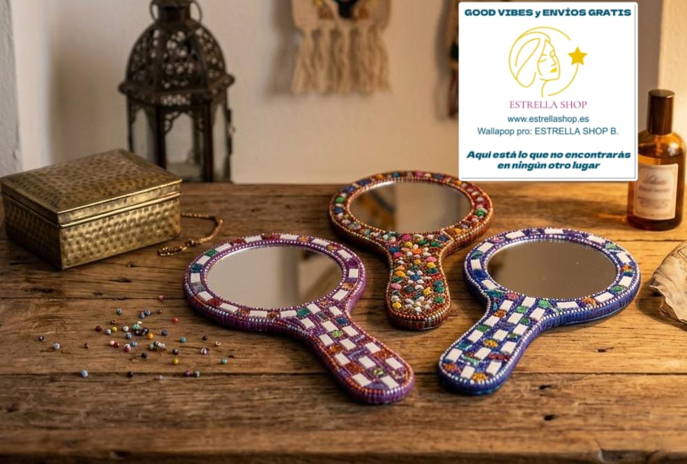 PACK DE 3 ESPEJOS HECHOS A MANO EN INDIA CON CRISTALITOS Y DECORACIÓN BELLA CON ALMA Y COLOR.ENVÍO GRATIS SIN PEDIDO MÍNIMO.