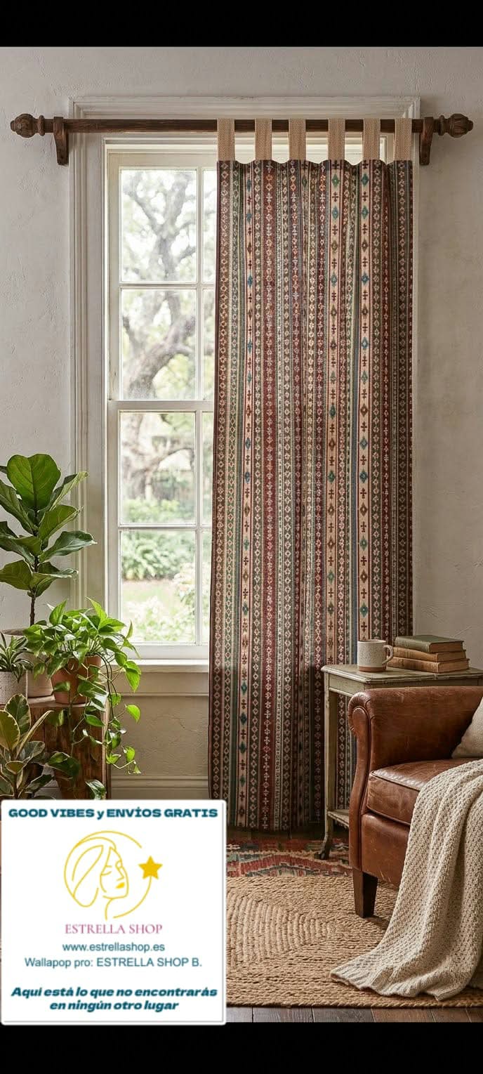 LOTE DE 2 CORTINAS CONFECCIONADAS ÉTNICAS CON TRABILLAS.ENVÍO GRATIS SIN PEDIDO MÍNIMO.