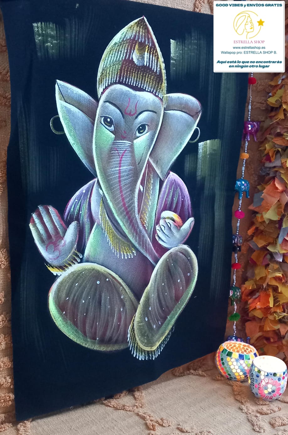 TEXTIL TERCIOPELO GANESHA EN 3 COLORES A ELEGIR PINTADO A MANO EN INDIA UNA OBRA CARGADA DE SIMBOLISMO Y COLOR. ENVÍO GRATIS SIN PEDIDO MÍNIMO.