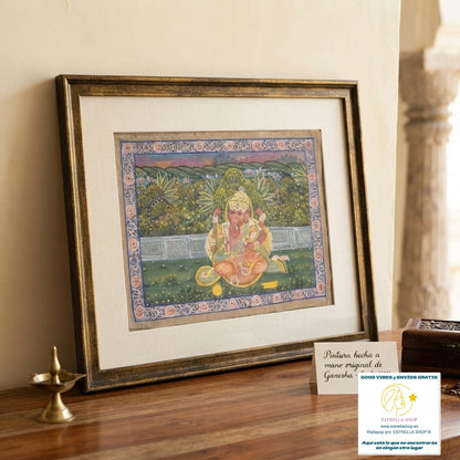 PINTURA HECHA A MANO SOBRE ALGÓDÓN,GANESHA.AUTÉNTICA OBRA DE ARTE DEL RAJASTÁN,INDIA.