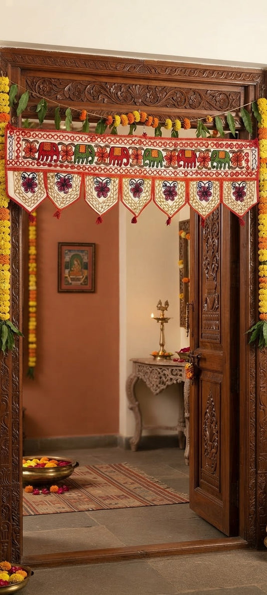 TORÁN GORA BORDADO 30X100CM ELEFANTES DE BUENA SUERTE Y PROTECCIÓN.HECHO A MANO EN INDIA.ENVÍO GRATIS SIN PEDIDO MÍNIMO.