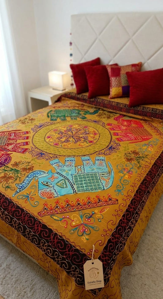 CUBRECAMA DOBLE 200X260 CON ELEFANTES SÍMBOLO DE BUENA SUERTE Y PROTECCIÓN EN LA CULTURA INDIA.ENVÍO GRATIS SIN PEDIDO MÍNIMO.
