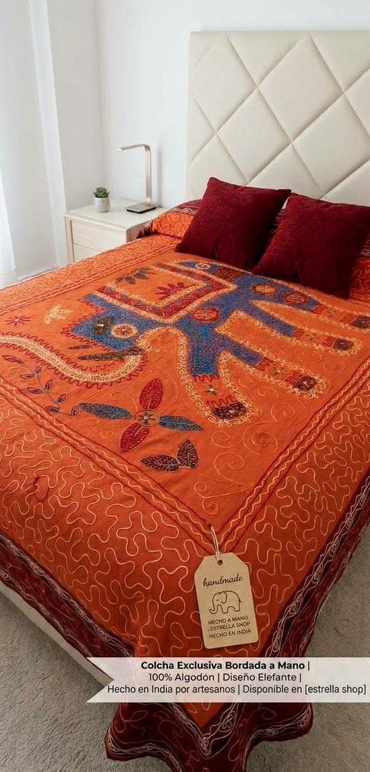 CUBRECAMA ELEFANTES CAMA DOBLE CON 200X260CM LLENO DE ENCANTO ARTESANAL.ENVÍO GRATIS SIN PEDIDO MÍNIMO.