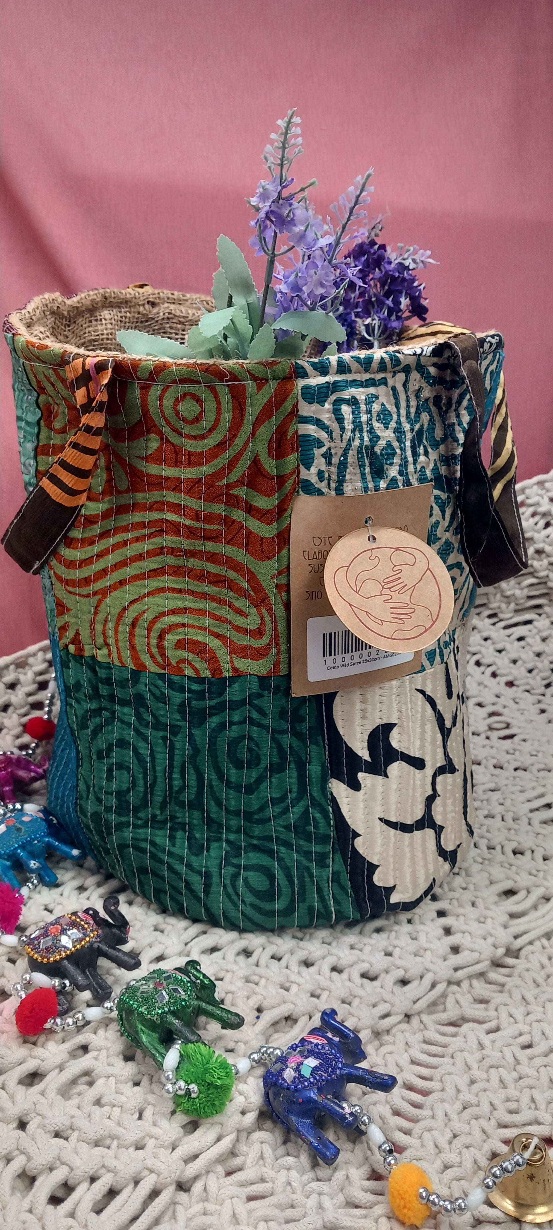 CESTO MULTIUSOS PATCHORK CON YUTE,MULTIFUNCIONAL CON ESTAMPADOS ÚNICOS,ENVÍO GRATIS SIN PEDIDO MÍNIMO.