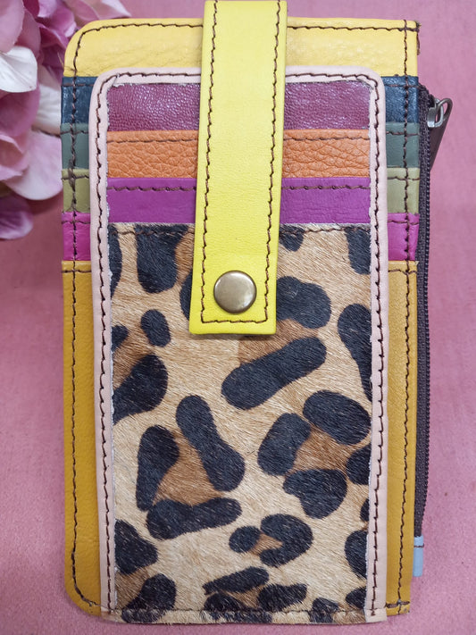 RFID card holder and MULTICOLOR flat purse made of genuine leather with a natural finish.