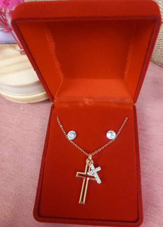 Set Earrings + chain + double cross pendant and shiny stones.