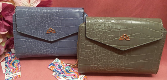 Crocodile leather wallets with zipper and snap closure. Multiple departments.
