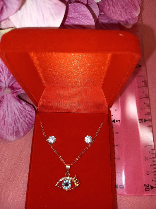 Set of earrings + chain + Swarovski effect diamond pendant EYE OF HORUS.