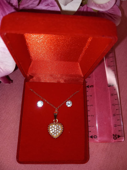 ROMANTIC HEART Swarovski effect diamond earrings + chain + pendant set.
