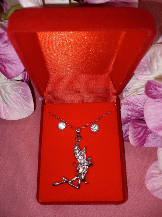 Set of earrings + chain + Swarovski effect diamond pendant LOVE FAIRY.
