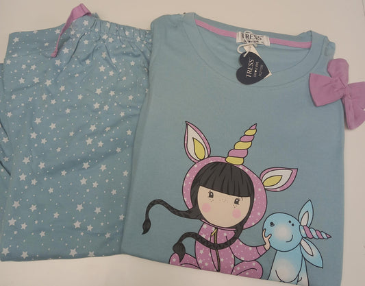 Pijama algodón 100x100 con lazo sugerente y dulce en azul con puños en camiseta y pantalón.