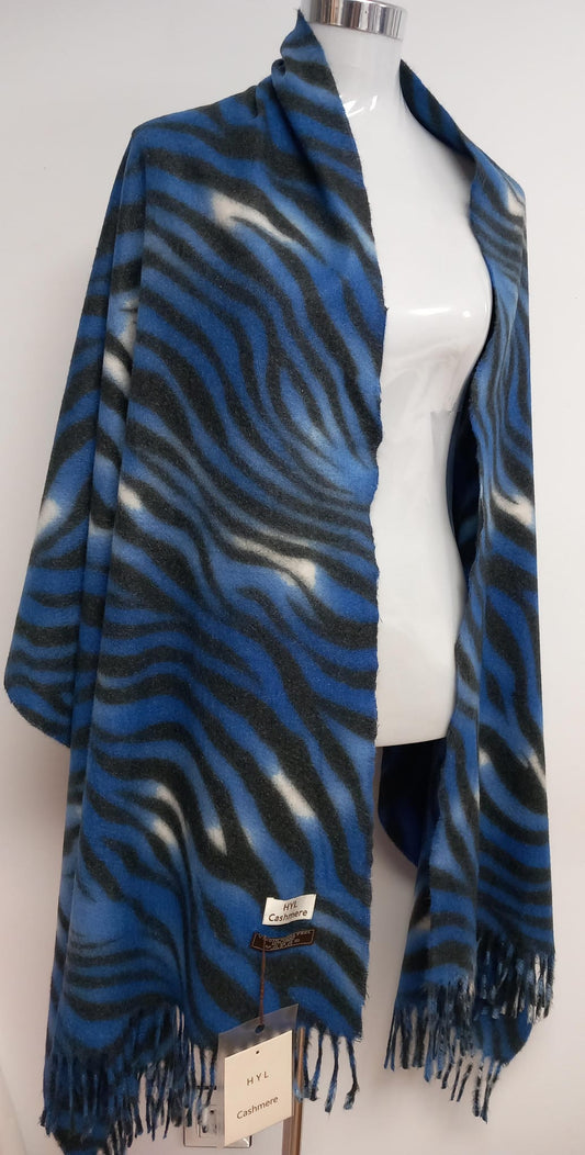 Bufanda pasmina en auténtica lana cachemira 100x100 cashmere con elegante estampado animal print tonos azul y negro