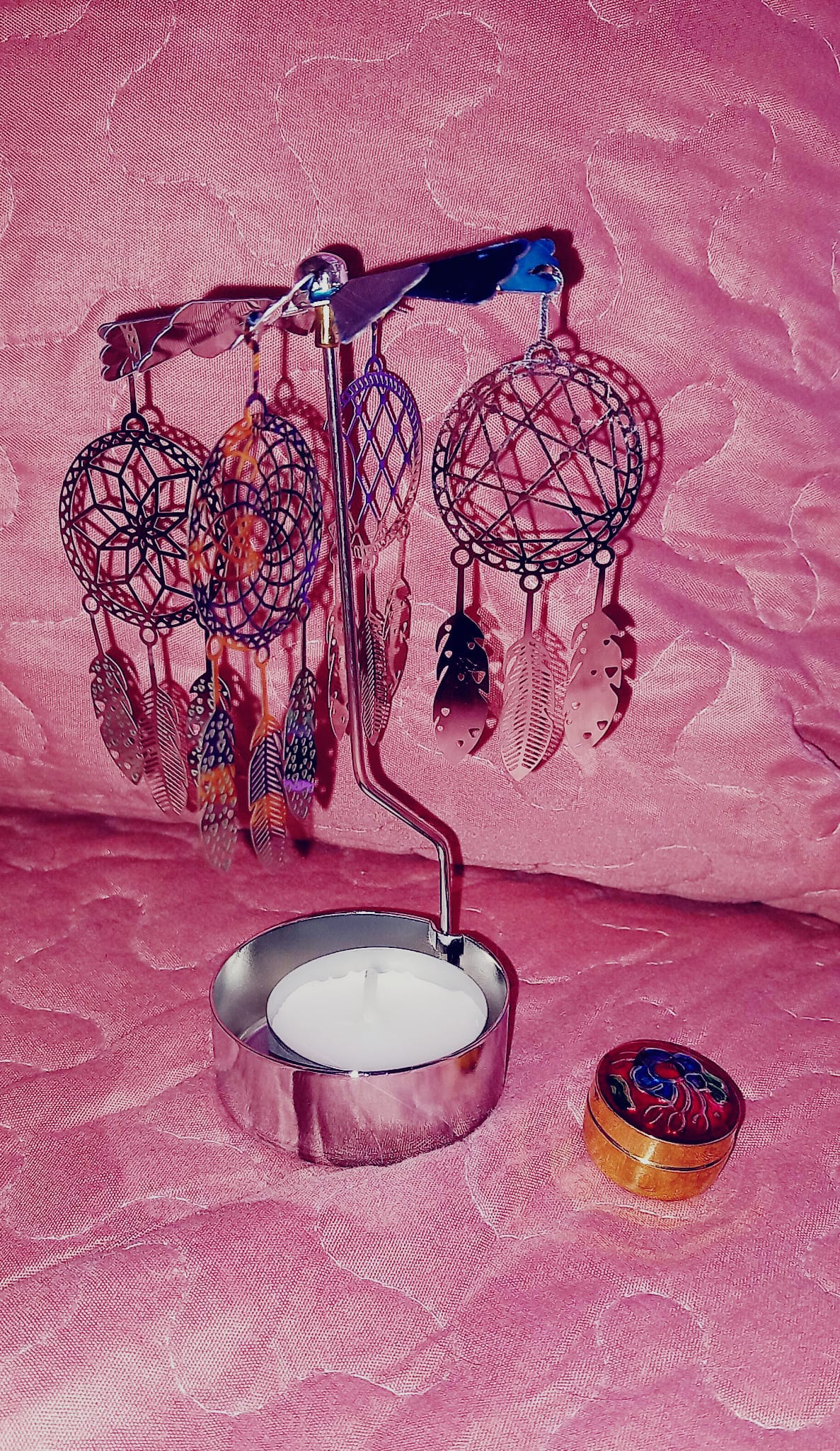 PORTAVELAS GIRATORIO CON ATRAPASUEÑOS JOYA DE ACERO QUE REFLEJA LA LUZ.ENVÍO GRATIS SIN PEDIDO MÍNIMO.