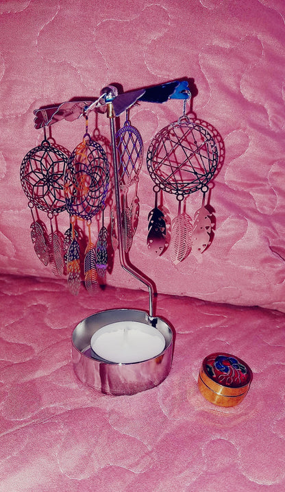 PORTAVELAS GIRATORIO CON ATRAPASUEÑOS JOYA DE ACERO QUE REFLEJA LA LUZ.ENVÍO GRATIS SIN PEDIDO MÍNIMO.