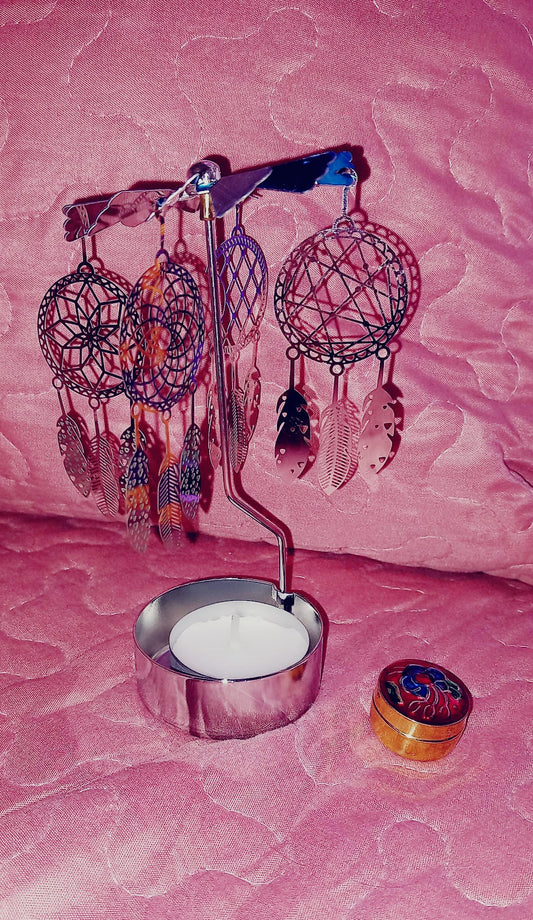 PORTAVELAS GIRATORIO CON ATRAPASUEÑOS JOYA DE ACERO QUE REFLEJA LA LUZ.ENVÍO GRATIS SIN PEDIDO MÍNIMO.