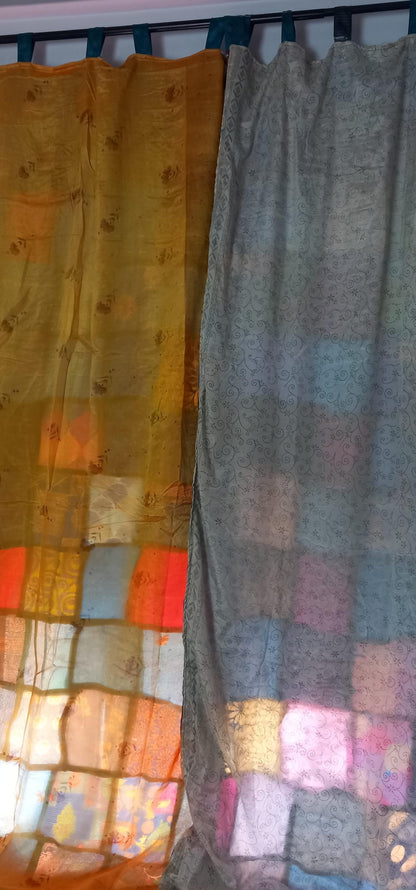 JUEGO DE 2 CORTINAS CONFECCIONADAS MÁGICAS PORQUE SON REVERSIBLES,ARTESANÍA PATCHWORK EN INDIA,ENVÍO GRATIS.