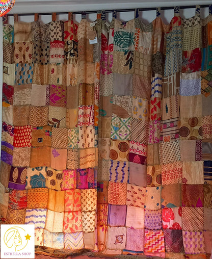 SET DE 2 CORTINAS CONFECCIONADAS CON SUS TRABILLAS REVERSIBLES Y VIBRANTES REALIZADAS ARTESANALMENTE EN INDIA EN PATCHWORK.ENVÍO GRATIS.