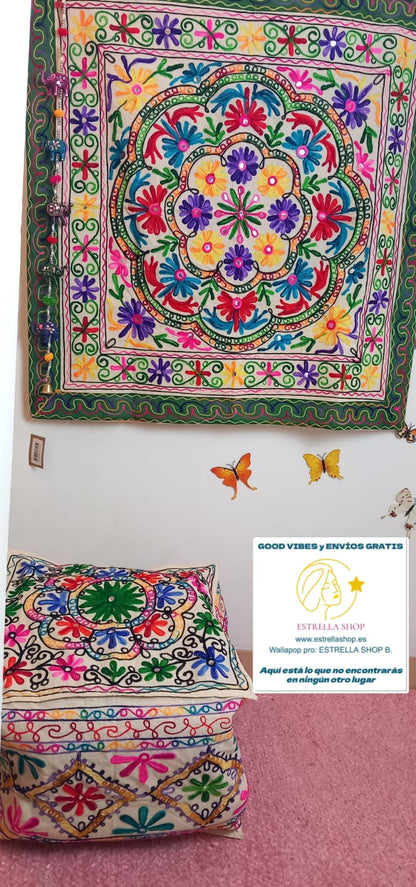 TAPIZ BORDADO A MANO JOYA TEXTIL CON ALMA BOHEMIA HECHA EN INDIA.ENVÍO GRATIS SIN PEDIDO MÍNIMO.