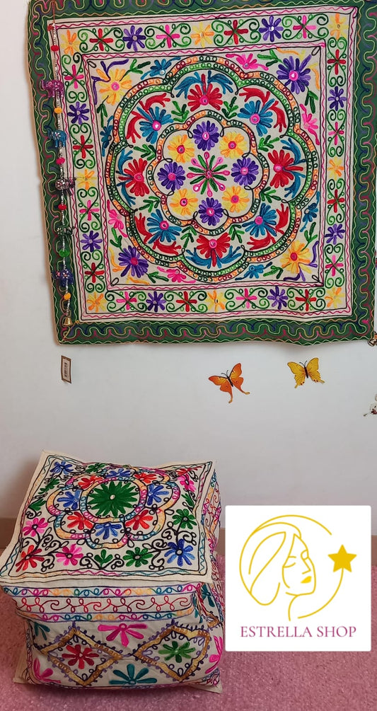 TAPIZ BORDADO A MANO JOYA TEXTIL CON ALMA BOHEMIA HECHA EN INDIA.ENVÍO GRATIS SIN PEDIDO MÍNIMO.