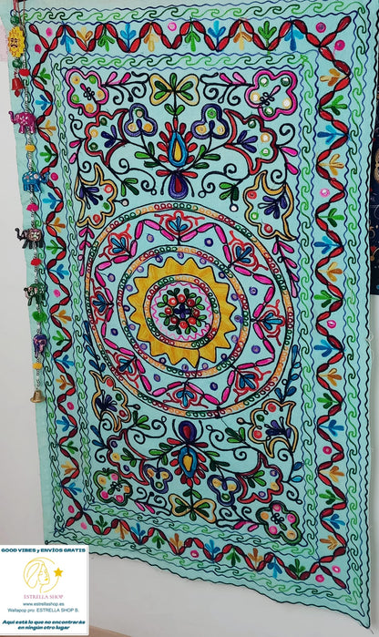 Tapiz Gora Mandala 75x120 bordado,una joya textil con alma bohemía hecha en India.Envío gratis sin pedido sin pedido mínimo.