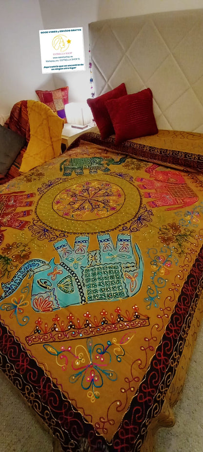 CUBRECAMA DOBLE 200X260 CON ELEFANTES SÍMBOLO DE BUENA SUERTE Y PROTECCIÓN EN LA CULTURA INDIA.ENVÍO GRATIS SIN PEDIDO MÍNIMO.