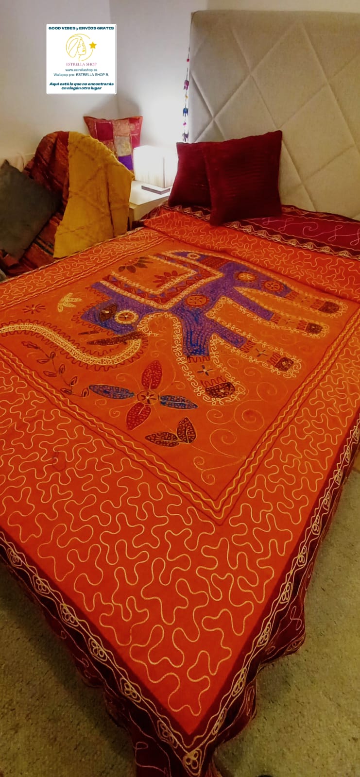 CUBRECAMA ELEFANTES CAMA DOBLE CON 200X260CM LLENO DE ENCANTO ARTESANAL.ENVÍO GRATIS SIN PEDIDO MÍNIMO.