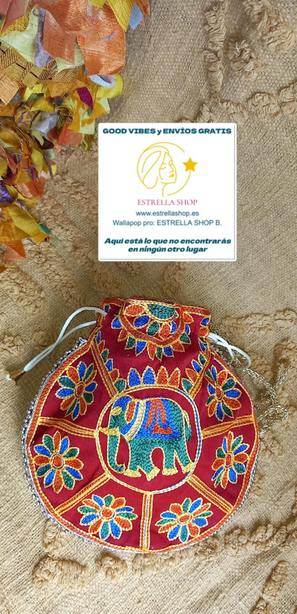 BOLSO BOMBONERA ART ELEFANTE BOLSO DE MANO BORDADO CON CIERRE DE CORDÓN.ENVÍO GRATIS SIN PEDIDO MÍNIMO.