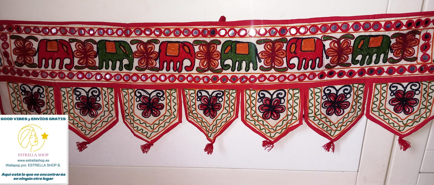 TORÁN GORA BORDADO 30X100CM ELEFANTES DE BUENA SUERTE Y PROTECCIÓN.HECHO A MANO EN INDIA.ENVÍO GRATIS SIN PEDIDO MÍNIMO.