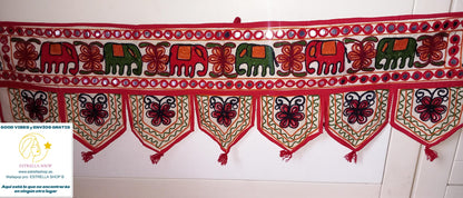 TORÁN GORA BORDADO 30X100CM ELEFANTES DE BUENA SUERTE Y PROTECCIÓN.HECHO A MANO EN INDIA.ENVÍO GRATIS SIN PEDIDO MÍNIMO.